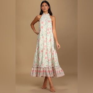 Lulus Make It Special Cream Floral Tiered Maxi Dress Halter XS Boho Romantic